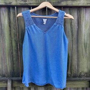 Joie Sleeveless Chambray Tank Top Blue Denim V-Neck Knit‎ Smocked Casual Size XL